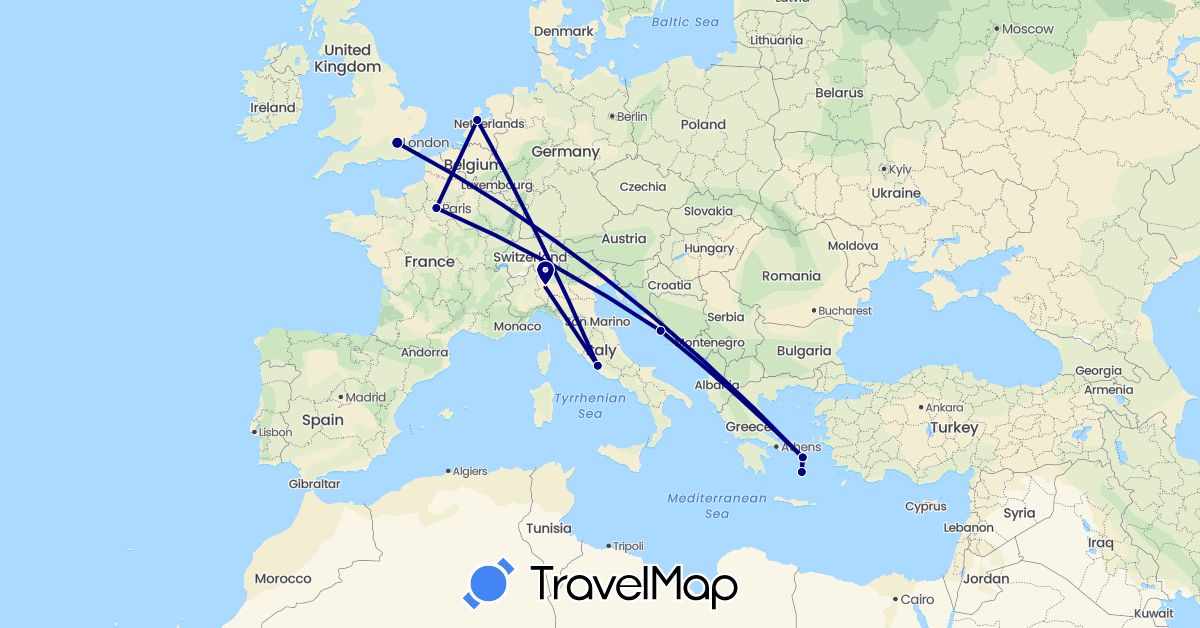 TravelMap itinerary: driving in France, United Kingdom, Greece, Croatia, Italy, Netherlands (Europe)